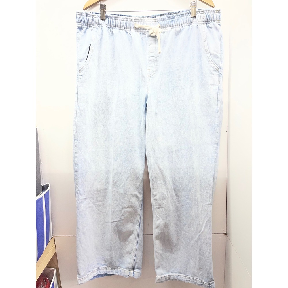 Gap Denim Womens XL High Rise Wide Leg Pull On Pants Light Wash Blue Drawstring